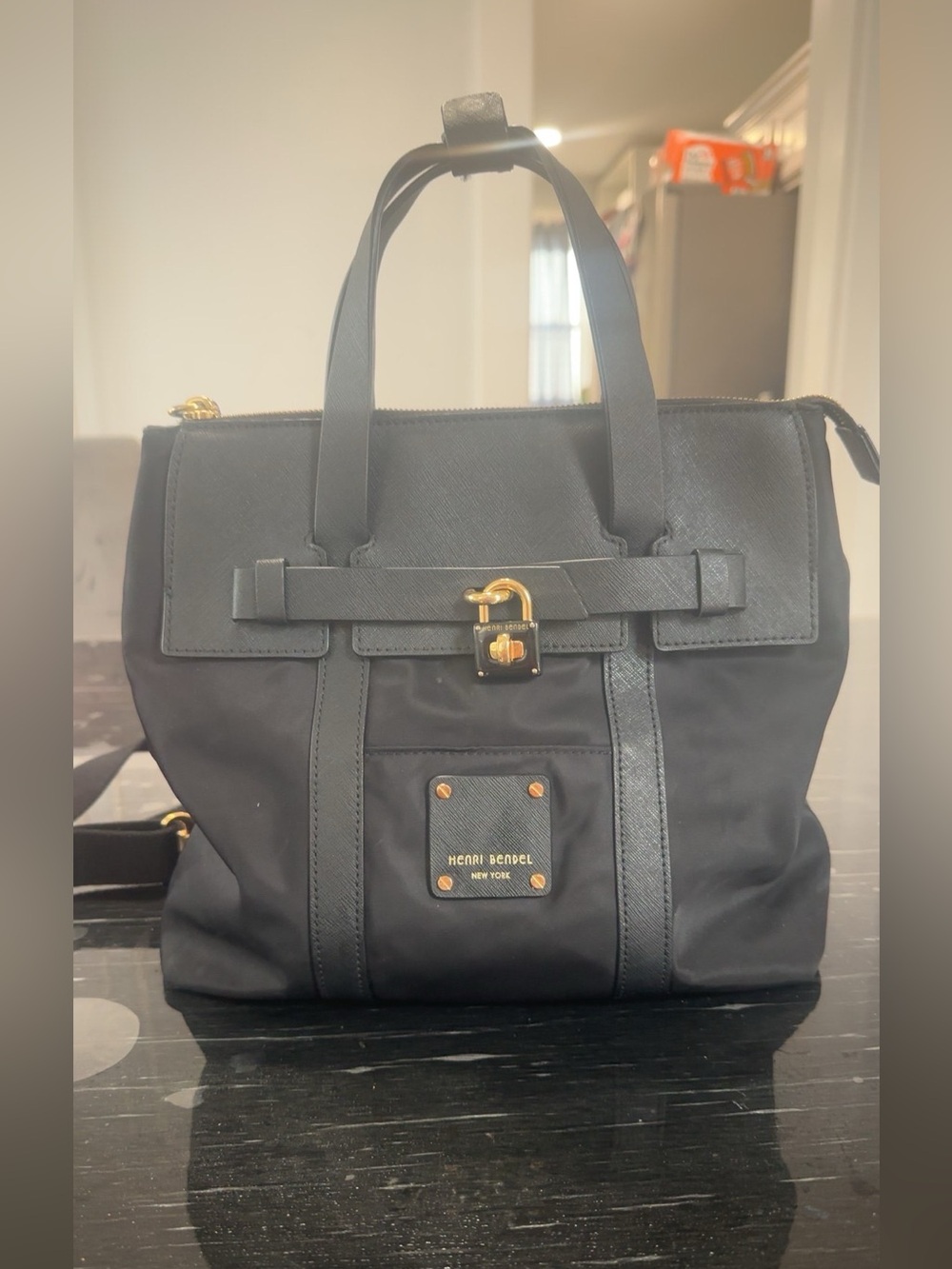 henri bendel Black Tote with Gold Accent Lock